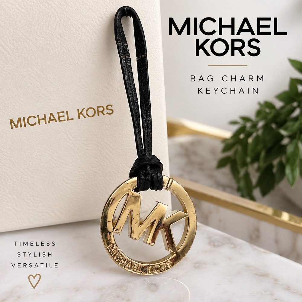 Michael Kors MK Logo Bag Charm Keychain Gold Tone Black Leather Strap